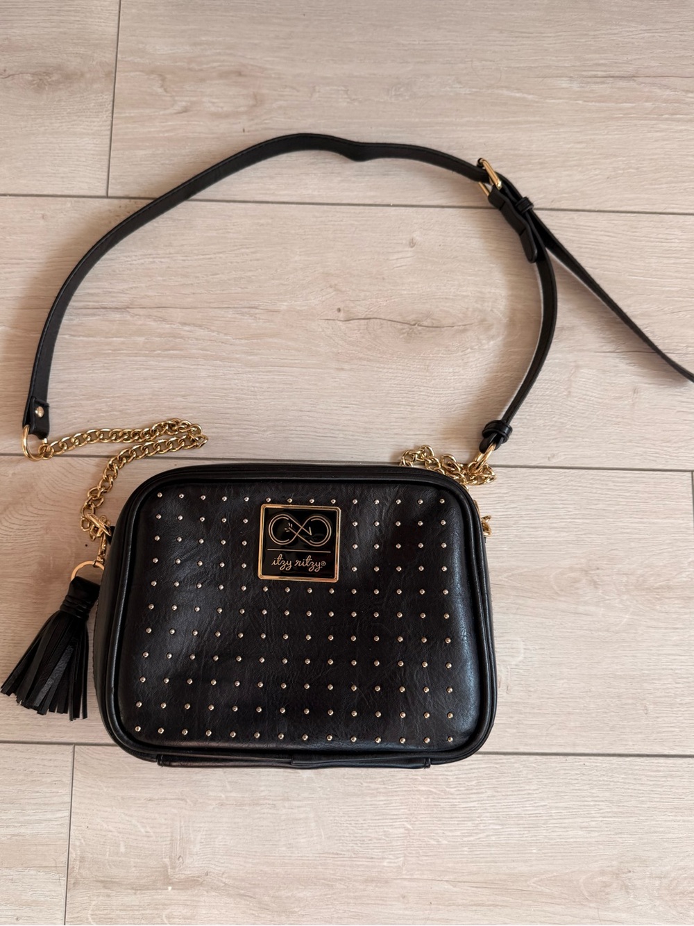 Itzy Ritzy Black Crossbody Bag with Gold Accents